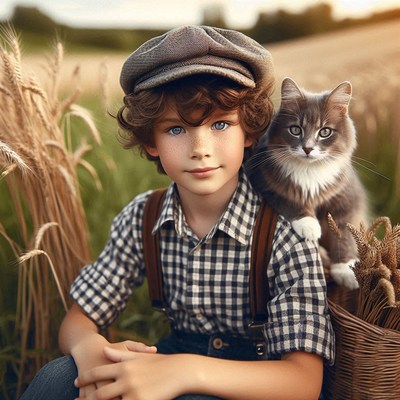 A young boy in a field with his cat