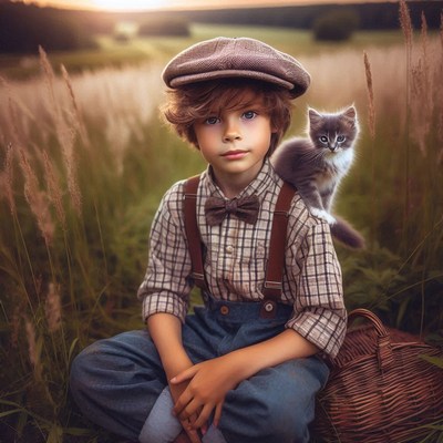 A young boy sits in a field with a kitten