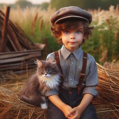 A young boy sits with a kitten on a pile of hay