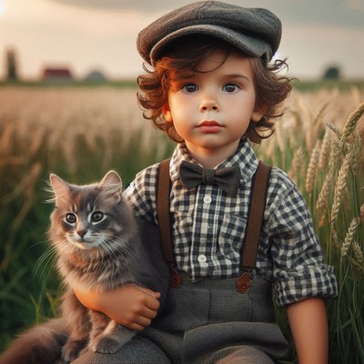 A young boy in a field holds a gray cat