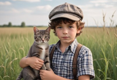 A young boy holds a cat in a grassy field