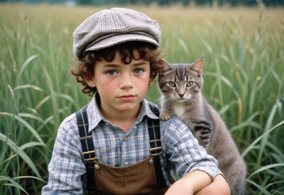 A young boy in overalls sits in a field with a cat