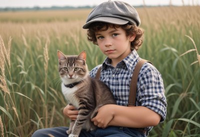 A young boy holds a cat in a field