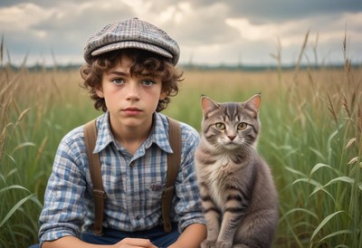 A young boy sits in a field with his cat