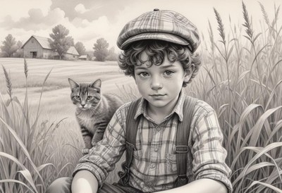 A young boy sits in a field with a cat