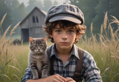 A young boy in a field holds a gray cat