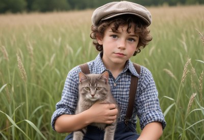 A young boy holds a gray cat in a field