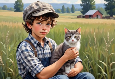 A young boy holds a cat in a grassy field