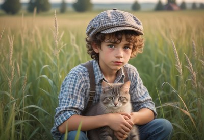 A young boy holds a cat in a field of tall grass