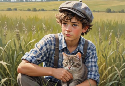 A boy in a field holds a cat