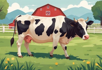 A black-and-white cow grazes by a red barn