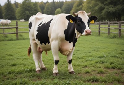 A black and white cow stands in a grassy field
