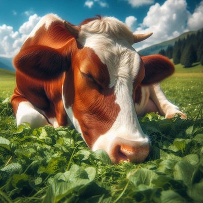 A brown and white cow rests in a grassy field