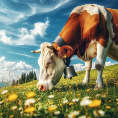 A cow grazes in a field of wildflowers