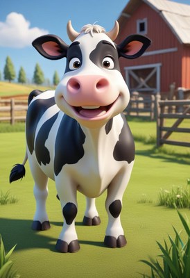 A happy cartoon cow stands in a grassy field