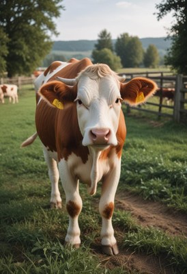 A brown and white cow stands in a grassy field