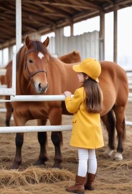 A girl in a yellow coat looks at a brown horse