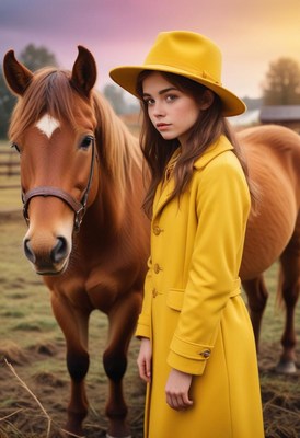 Girl in a yellow coat with a brown horse in a field