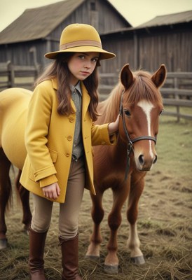 A girl in a yellow coat stands with a brown horse in a field