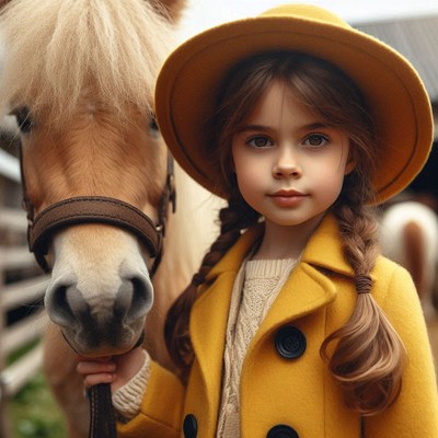 A young girl in a yellow coat holds a horse's reins