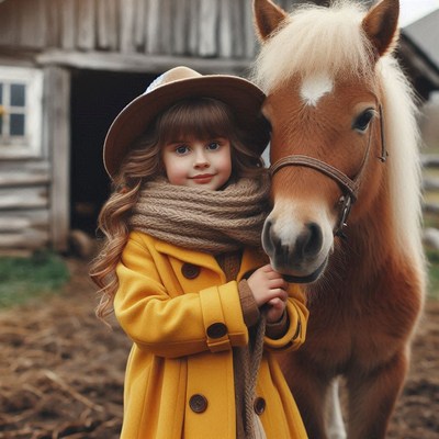 Girl in yellow coat and brown hat with a horse