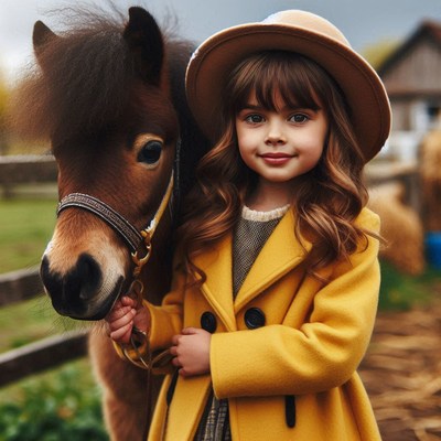 A young girl in a yellow coat smiles with a pony