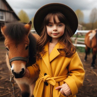 A young girl in a yellow coat stands with a brown pony