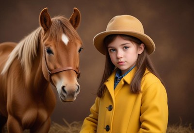 Girl in yellow coat stands by a brown horse