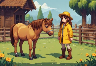 A girl stands next to a brown horse in a grassy field