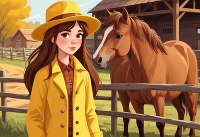 Young woman in yellow smiles at brown horse on farm