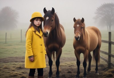 Girl in yellow coat with two horses in foggy field