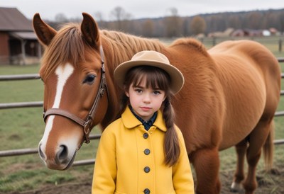 A young girl in a yellow coat stands with a brown horse