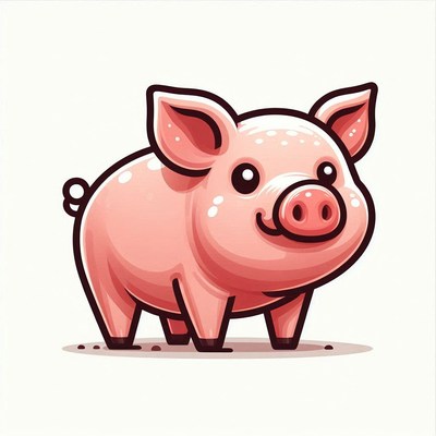 A cute cartoon pig stands against a white background
