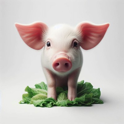 A piglet stands on a bed of lettuce