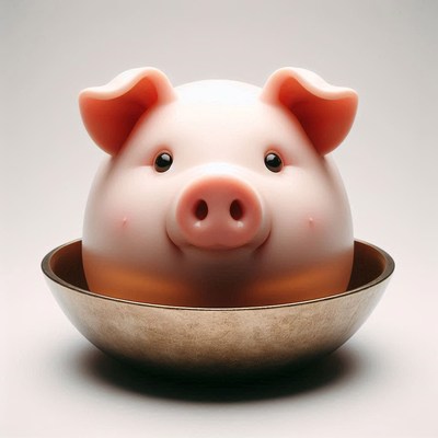 A pink pig peeks over a copper bowl