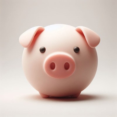A pink piggy bank sits on a white surface