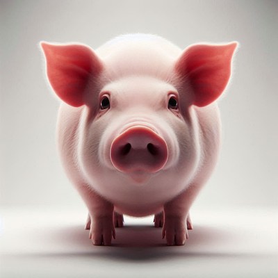 A pink pig stares directly at the camera