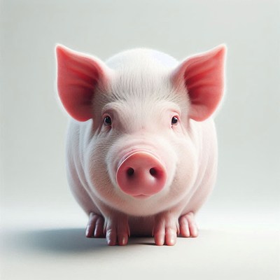 A pink pig sits in front of a white background
