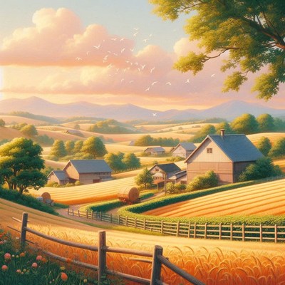 A quaint farm nestled in a valley at sunset