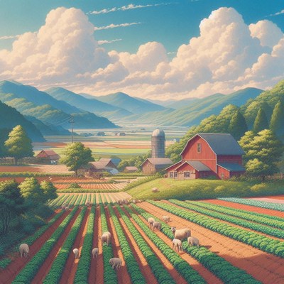 Sheep graze in a field near a red barn