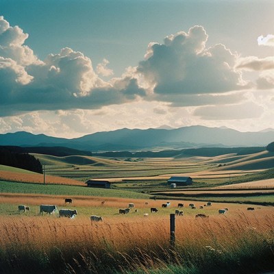 Cows graze in a field under a cloudy sky