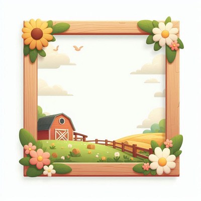 A wooden frame with flowers surrounds a cartoon farm scene