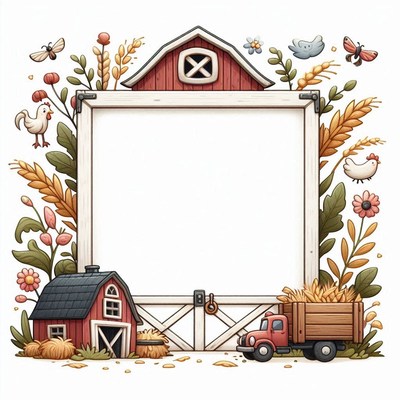 A farm scene with a red barn and a truck