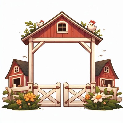 A red barn with a white gate sits on a farm