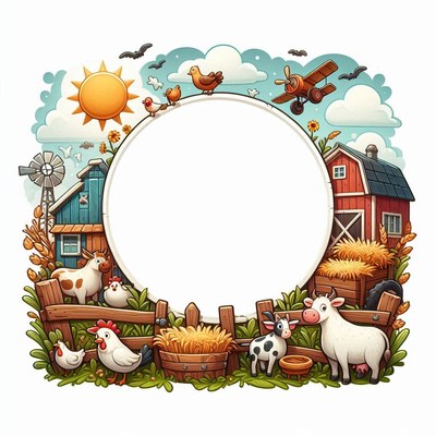 Cheerful farm with cows, chickens, and a plane