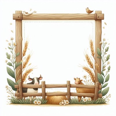 Frame with wheat, flowers, birds near two cows
