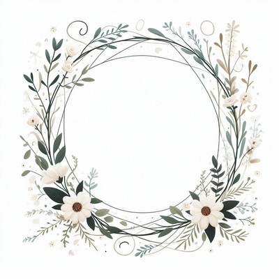A delicate floral wreath with white flowers and green leaves