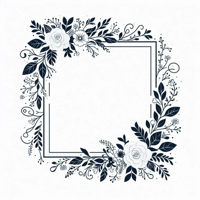 A simple square frame adorned with black floral details