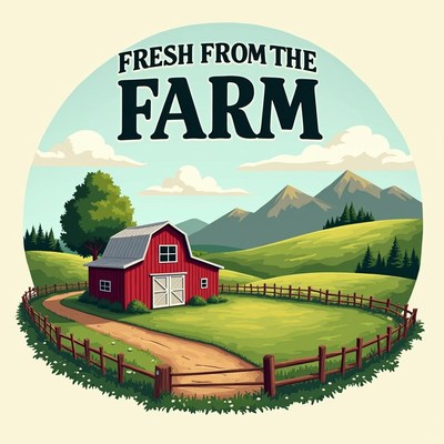 Red barn in green field, mountains behind