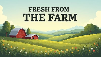 A green farm with red barns and rolling hills